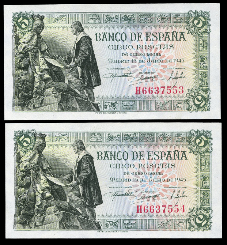 5 pesetas. 1945. Madrid. (Ed 2017-449a). June 15, Capitulations of Santa Fe. Ser...