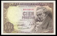 100 pesetas. 1946. Madrid. (Ed-451b). February 19, Francisco de Goya. Serie B. Mint state. Est...150,00. 

Spanish description: 100 pesetas. 1946. M...