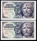 5 pesetas. 1947. Madrid. (Ed-454a). April 12, Seneca's head. Serie A. Correlative pair. Almost MS. Est...70,00. 

Spanish description: 5 pesetas. 19...