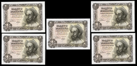 1 peseta. 1951. Madrid. (Ed 2017-461a). November 19, Don Quixote de la Mancha. Serie B. Lot of 5 banknotes, correlative pair and correlative threesome...