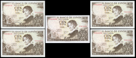 100 pesetas. 1965. Madrid. (Ed 2017-470). November 19, Gustavo Adolfo Bécquer. Serie Y. Lot of 5 banknotes, correlative pair and correlative threesome...