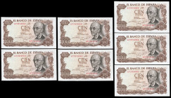 100 pesetas. 1970. Madrid. (Ed 2017-472). November 17, Manuel de Falla. Serie 6T. Lot of banknotes, correlative threesome and correlative quartet. Min...