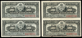 Overseas issues. Banco Español de la Isla de Cuba. 20 centavos. 1897. (Ed 2017-CU82). (Ed 2002-85). Without serie. 2 correlative pair. Almost MS. Est....
