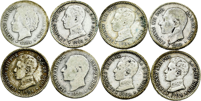 Lot of 8 coins of 50 cents of the Centenary of the Peseta, 1880 (2), 1894 (1), 1...