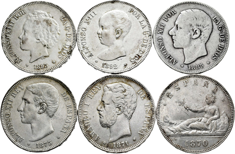 Lot of 6 silver coins of 5 pesetas; 1870, 1871, 1871, 1875, 1885, 1892, 1893. TO...