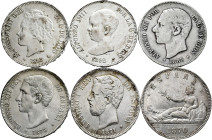 Lot of 6 silver coins of 5 pesetas; 1870, 1871, 1871, 1875, 1885, 1892, 1893. TO EXAMINE. Almost VF/VF. Est...100,00. 

Spanish description: Lote de...