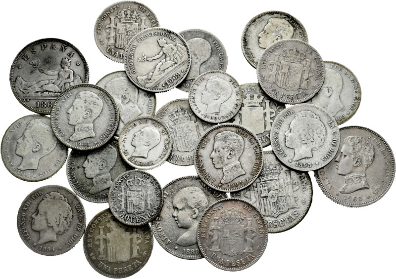 Lot of 24 silver coins from Spain; 3 of 50 cents 1889, 1900, 1926; 17 of 1 peset...