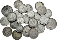 Lot of 24 silver coins from Spain; 3 of 50 cents 1889, 1900, 1926; 17 of 1 peseta 1869, 1870, 1885, 1889, 1891, 1893, 1894, 1899, 1900 (3), 1903 (4), ...
