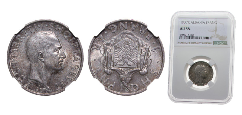 Albania Kingdom 1937R 1 Frang Ar - Zog I Silver (.835) Rome mint 5g NGC AU58 KM1...