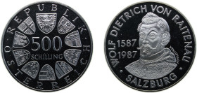 Austria Second Republic 1987 500 Schilling (Birth of Salzburg's Archbishop von Raitenau) Silver (.925) Vienna mint 24g PF KM2982