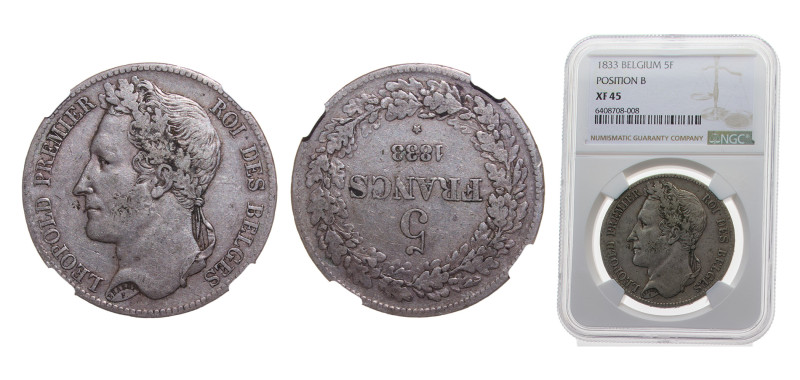 Belgium Kingdom 1833 5 Francs - Léopold I Silver (.900) Brussels mint 25g NGC XF...