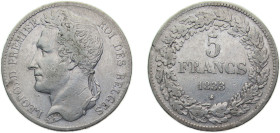 Belgium Kingdom 1833 5 Francs - Léopold I Silver (.900) Brussels mint 25g VF KM3 LABFM-124 LABFM-125