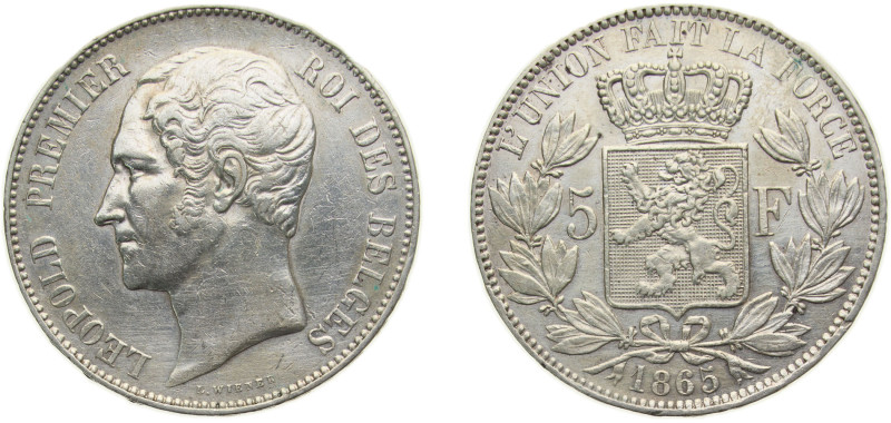 Belgium Kingdom 1865 5 Francs - Léopold I Silver (.900) Brussels mint 25g XF KM1...
