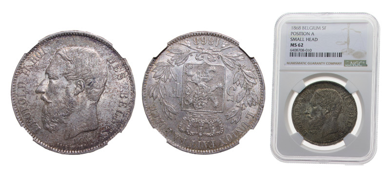 Belgium Kingdom 1868 5 Francs - Léopold II (small head) Silver (.900) Brussels m...