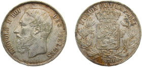 Belgium Kingdom 1870 5 Francs - Léopold II (small head) Silver (.900) Brussels mint 25g AU KM24 LABFM-127