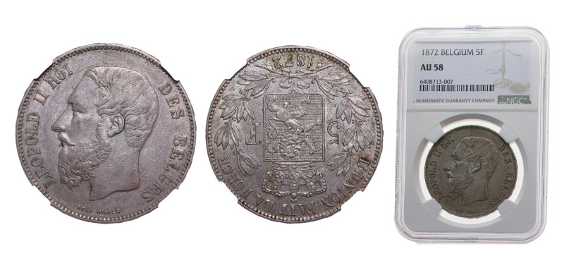 Belgium Kingdom 1872 5 Francs - Léopold II (small head) Silver (.900) Brussels m...