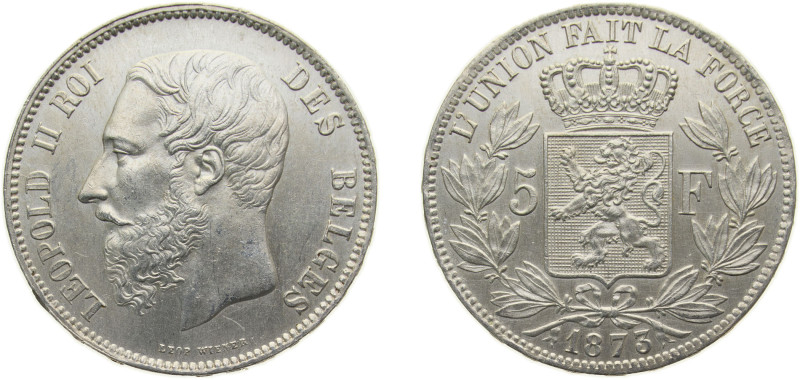 Belgium Kingdom 1873 5 Francs - Léopold II (small head) Silver (.900) Brussels m...