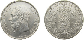 Belgium Kingdom 1873 5 Francs - Léopold II (small head) Silver (.900) Brussels mint 25g UNC KM24 LABFM-127