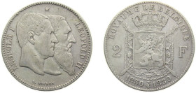 Belgium Kingdom 1880 2 Francs - Léopold II (Independence) Silver (.835) Brussels mint 10g VF KM39 Mor190 LABFM-113