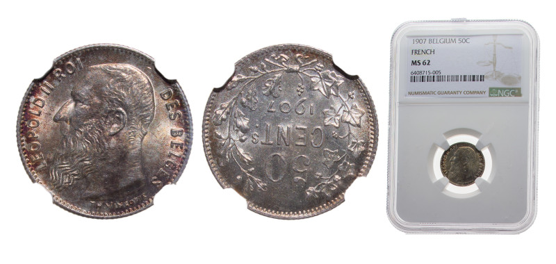 Belgium Kingdom 1907 50 Centimes - Léopold II (French text) Silver (.835) Brusse...