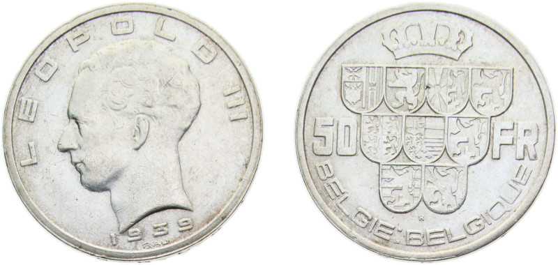 Belgium Kingdom 1939 50 Francs - Léopold III (BELGIE:BELGIQUE) Silver (.835) Bru...