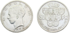 Belgium Kingdom 1939 50 Francs - Léopold III (BELGIE:BELGIQUE) Silver (.835) Brussels mint 20g AU KM122 LABFM-184 Schön77