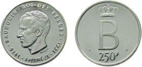Belgium Kingdom 1976 250 Francs - Baudouin I (25th Anniversary of Accession; French text) Silver (.835) (Cu .165) Brussels mint 25g PF KM157 LABFM-203...