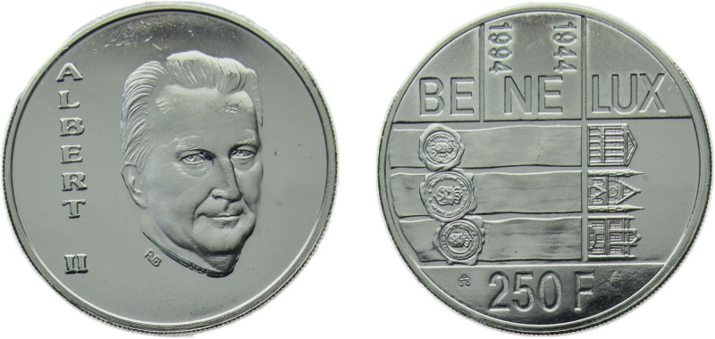 Belgium Kingdom 1994 250 Francs - Albert II (BeNeLux Treaty) Silver (.925) Bruss...