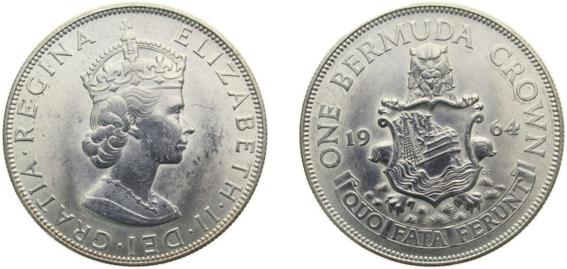 Bermuda British colony 1964 1 Crown - Elizabeth II (1st portrait) Silver (.500) ...