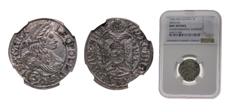 Bohemia Kingdom Holy Roman Empire 1666SHS 3 Kreuzer - Leopold I (Breslau) Silver...