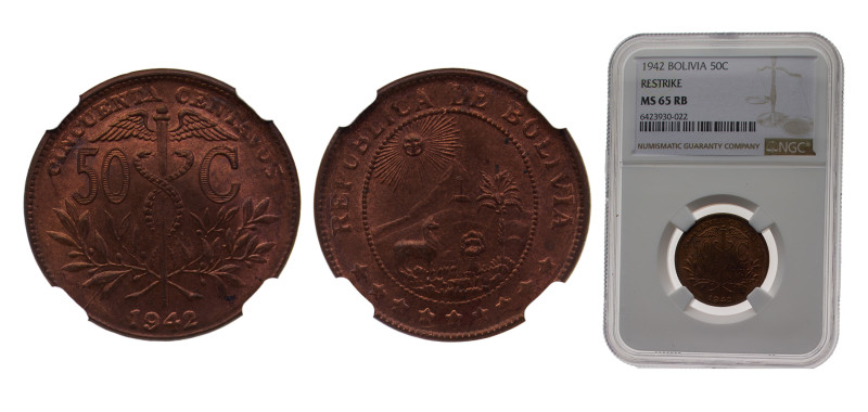 Bolivia Republic 1942 50 Centavos Brass (95% Copper, 5% Zinc) Philadelphia mint ...