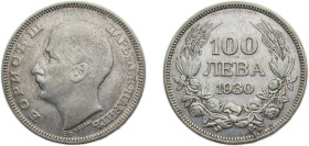 Bulgaria Kingdom 1930BP 100 Leva - Boris III Silver (.500) Budapest mint 20g AU KM43