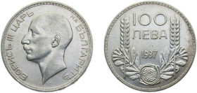Bulgaria Kingdom 1937 100 Leva - Boris III Silver (.500) (Copper .400, .050 Nickel, .050 Zinc) Kremnica / Körmöcbánya / Kremnitz mint 20g AU KM45 Schö...