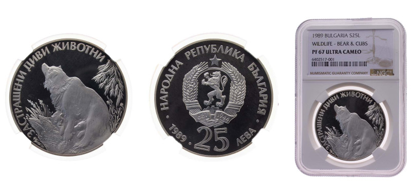 Bulgaria People's Republic 1989 25 Leva (Bears) Silver (.925) 23.38g NGC PF67 KM...