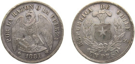 Chile Republic 1881So 1 Peso Silver (.900) Santiago mint 25g XF KM142