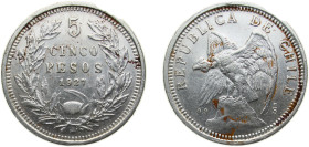 Chile Republic 1927So 5 Pesos Silver (.900) Santiago mint 25g XF KM173