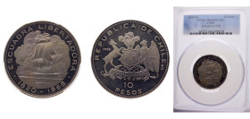 Chile Republic 1968So 10 Pesos (Arrival of Liberation Fleet) Silver (.999) Santiago mint 45g PCGS PR66 KM183