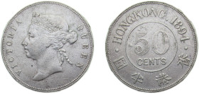 China Hong Kong British colony 1894 50 Cents - Victoria Silver (.800) Royal mint (Tower Hill) 13.577g XF KM9
