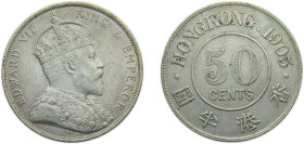 China Hong Kong British colony 1905 50 Cents - Edward VII Silver (.800) Royal mint (Tower Hill) 13.577g XF KM15
