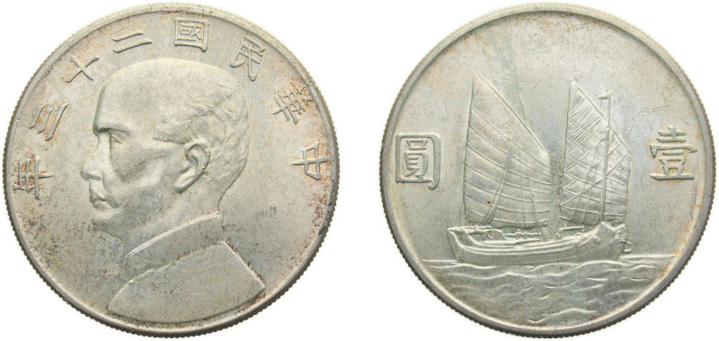 China Republic of China Y23 (1934), 年三十二國民華中 1 Yuan ("Junk dollar"; without sun ...