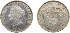 Colombia Republic 1892 50 Centavos (Discovery of America) Silver (.835) 12.5g XF KM187 Hernández545-546