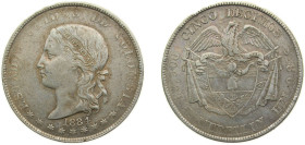 Colombia United States of Colombia 1884 5 Décimos Silver (.835) 12.5g VF KM161.1 Hernández502-512