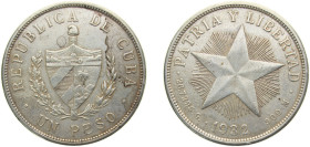 Cuba First Republic 1932 1 Peso Silver (.900) (silver 90%, copper 10%) Philadelphia mint 26.73g XF KM15.2 Y9