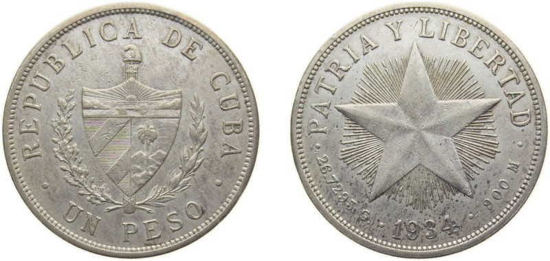 Cuba First Republic 1934 1 Peso Silver (.900) (silver 90%, copper 10%) Philadelp...