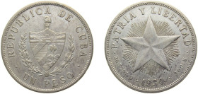 Cuba First Republic 1934 1 Peso Silver (.900) (silver 90%, copper 10%) Philadelphia mint 26.73g AU KM15.2 Y9
