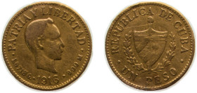 Cuba First Republic 1916 1 Peso (José Martí) Gold (.900) (Gold 90%, Copper 10%) United States mint, Philadelphia, United States 1.672g VF KM16 Y10