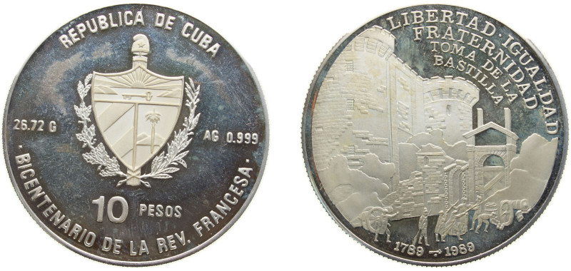 Cuba Second Republic 1989 10 Pesos (Bastille) Silver (.999) Havana mint 26.72g P...