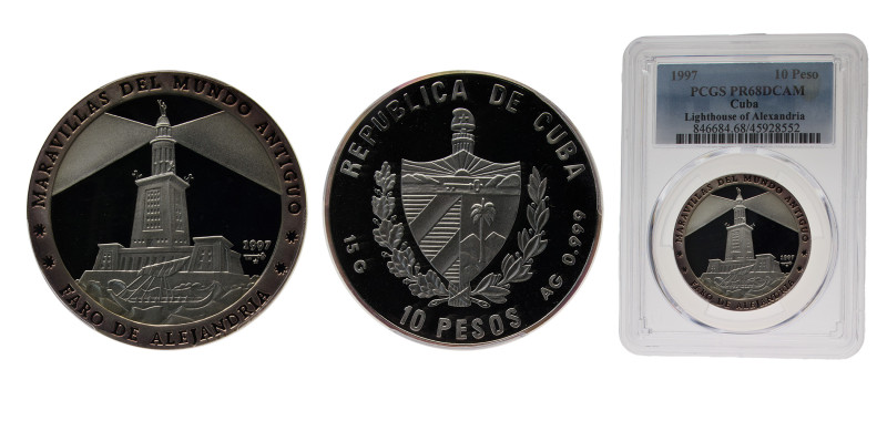 Cuba Second Republic 1997 10 Pesos (Lighthouse of Alexandria) Silver (.999) Empr...