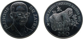Democratic Republic of the Congo Zaire Republic 1975 2½ Zaïres (Conservation, Mountain gorillas) Silver (.925) Royal mint 28.28g BU KM9 Schön56
