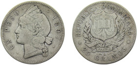 Dominican Republic 1897A 1 Peso Billon (.350 silver) (Copper .650) Philadelphia mint 25g VF KM16